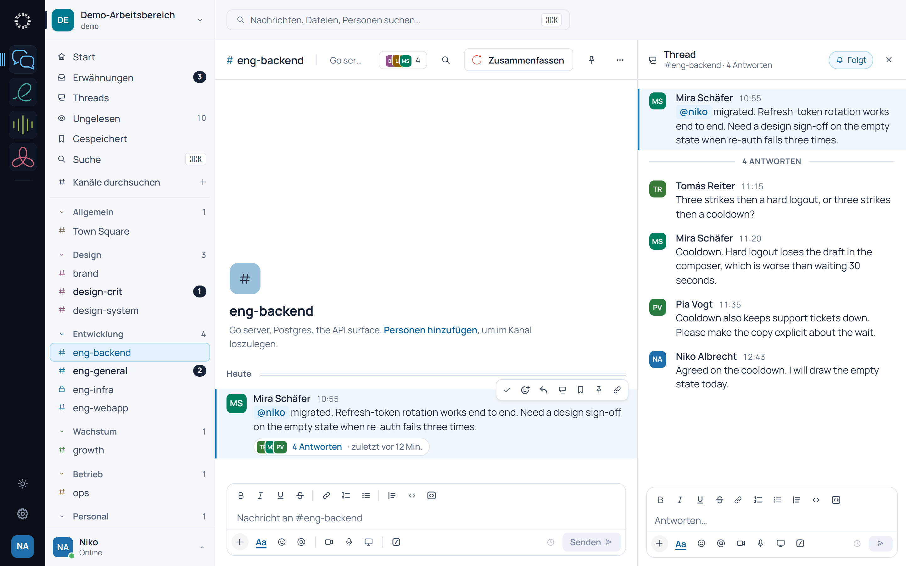 EU Chat: links die Suite-Leiste und die Kanäle, in der Mitte ein Gespräch im Kanal eng-backend, rechts ein Thread.