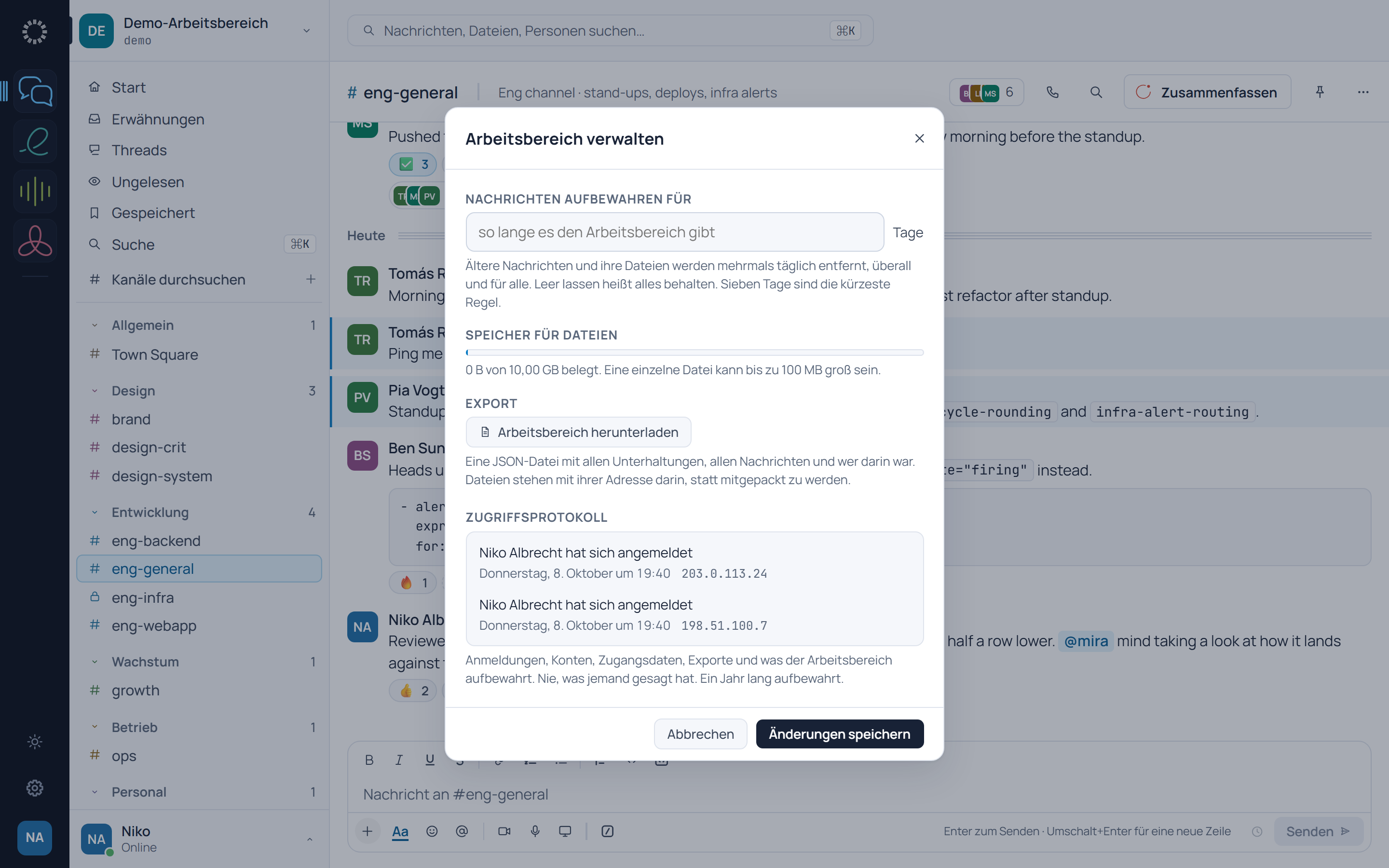 Arbeitsbereich verwalten: Aufbewahrung, Speicher für Dateien, Export und das Zugriffsprotokoll.