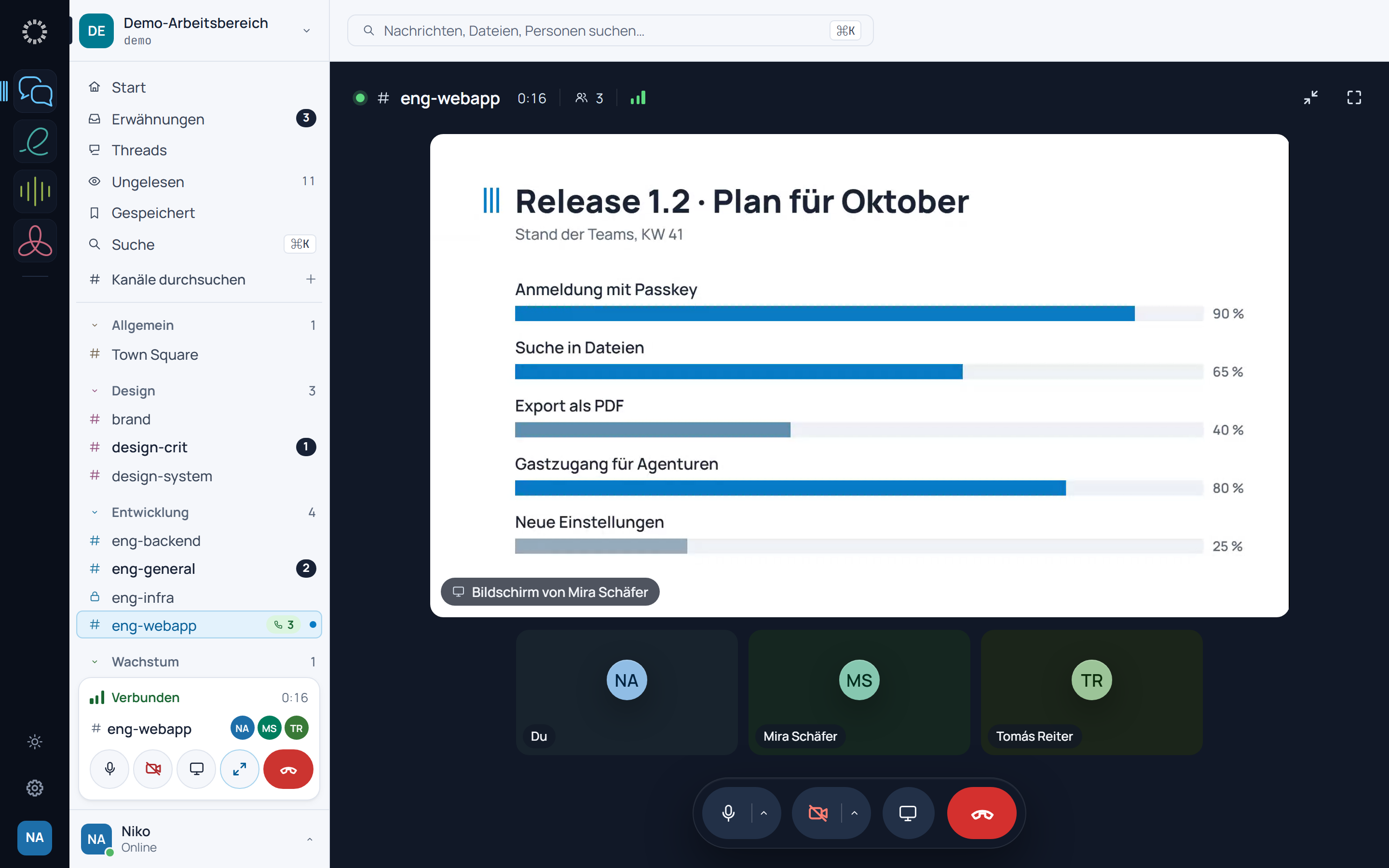 Ein Anruf im Kanal eng-webapp: Mira teilt ihren Bildschirm mit einem Plan, darunter die drei Teilnehmenden.